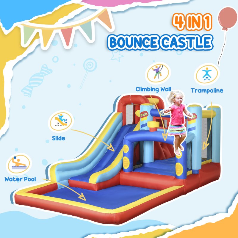 Outsunny 4 in 1 Kids Bouncy Castle with Slide Pool Trampoline Climbing Wall, Inflatable Bounce House with Blower Storage Bag, 4.35 x 2.45 x 2 m
