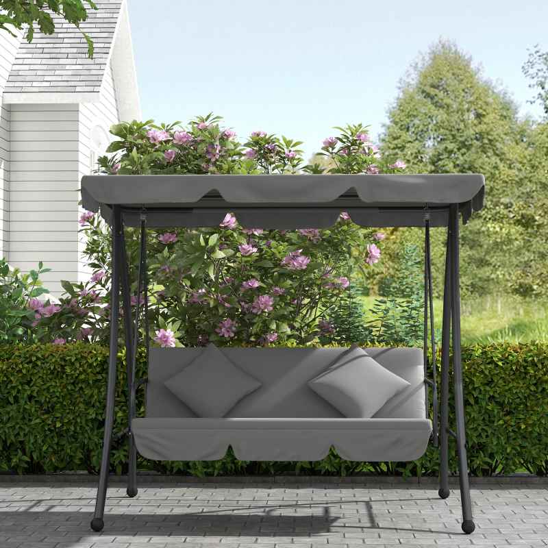 Outsunny Outdoor 2-in-1 Swing Chair Lounger 3 Seater Garden Swing Seat Bed Hammock Bed Convertible Tilt Canopy W/ Cushion, Light Grey
