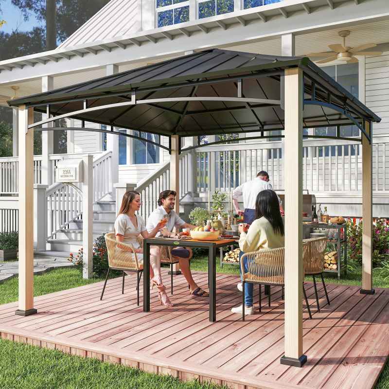 Outsunny 3 x 3(m) Hardtop Gazebo Canopy with Galvanised Metal Roof, Garden Gazebo Permanent Pavilion with Wood Grain Strong Columns and Top Hook for Patio, Deck
