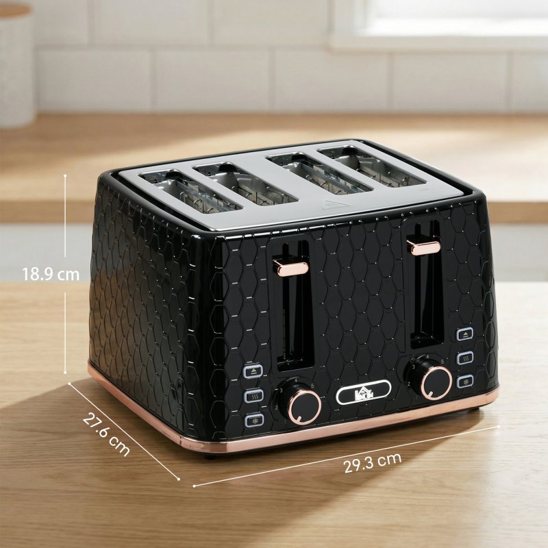 HOMCOM 4 Slice Toaster with 7 Browning Levels, High Lift, Reheat/Defrost/Cancel, Self-centring Function, Removable Crumb Tray, Auto Off, 1600W, Black Honeycomb Texture