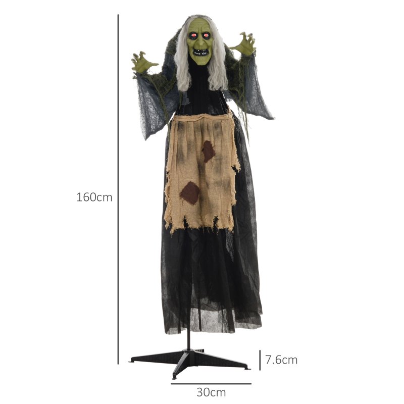HOMCOM 160cm Witch Outdoor Halloween Decoration, Halloween Animatronic with Sound Activated, Light Up Eyes, Sound Effects, Animated Prop for Haunted House