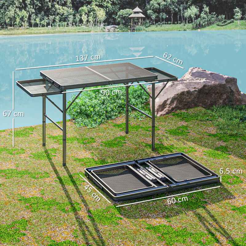 Outsunny Folding Grill Table, 4.5ft Portable Camping Table with 2 Wing Panels, Height Adjustable Metal Picnic Table for Camping, Picnic and BBQ, Black