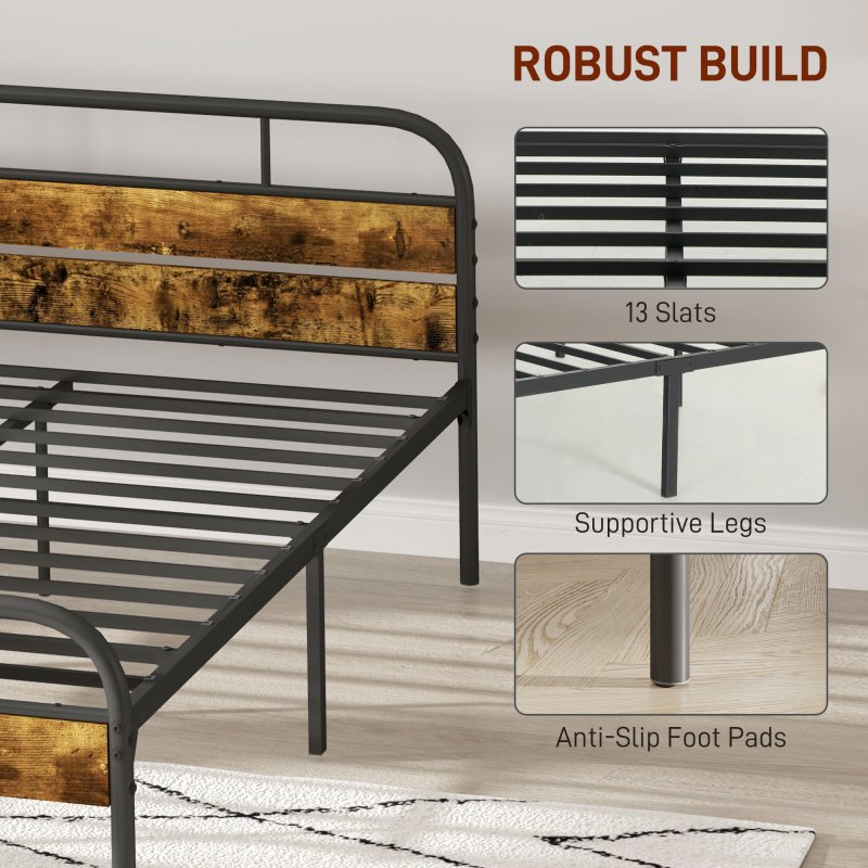 HOMCOM 5ft King Size Bed Frame with Headboard, Platform Bed Frame with Underbed Storage, Slat Support, No Box Spring Needed, Easy Assembly, Rustic Brown