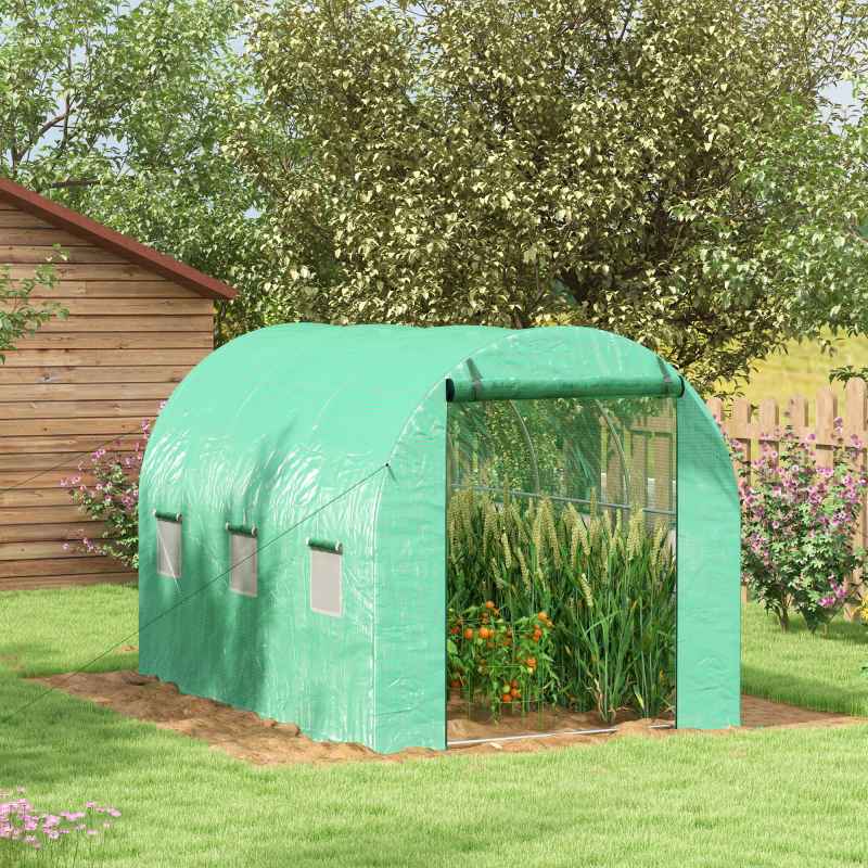 Outsunny 3 x 2(m) Polytunnel Greenhouse with Sprinkler Irrigation System, Walk-in Green House for Garden with Wide Roll-up Door, 6 Mesh Windows, Galvanised Steel Frame, Green