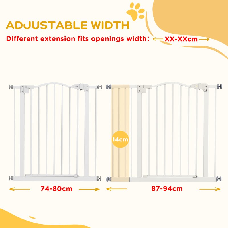 PawHut Pressure Fit Dog Stair Gate No Drilling Safety Gate Auto Close for Doorways, Hallways, 74-94cm Adjustable, 78cm Tall, White