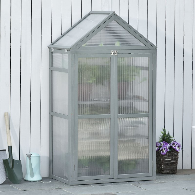 Outsunny Garden Cold Frame Polycarbonate Greenhouse with Adjustable Shelves, Double Doors, Openable Top Covers, Grow House for Flower Vegetable Plants, 80 x 47 x 138cm, Grey