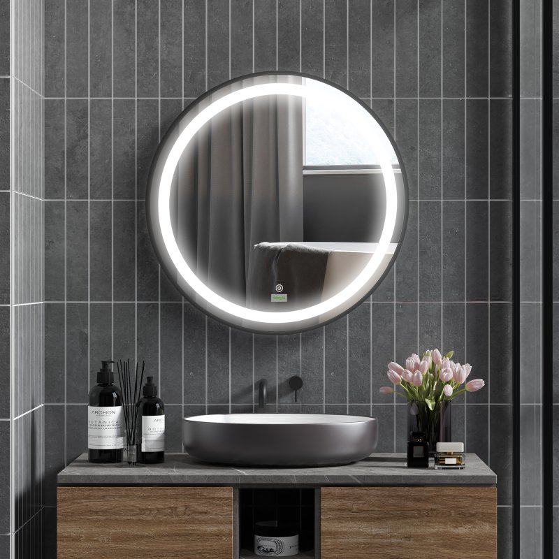 kleankin Round LED Bathroom Mirror, Dimmable Lighted Wall-Mounted Mirror with 3 Temperature Colours, Memory Function, Hardwired, Black