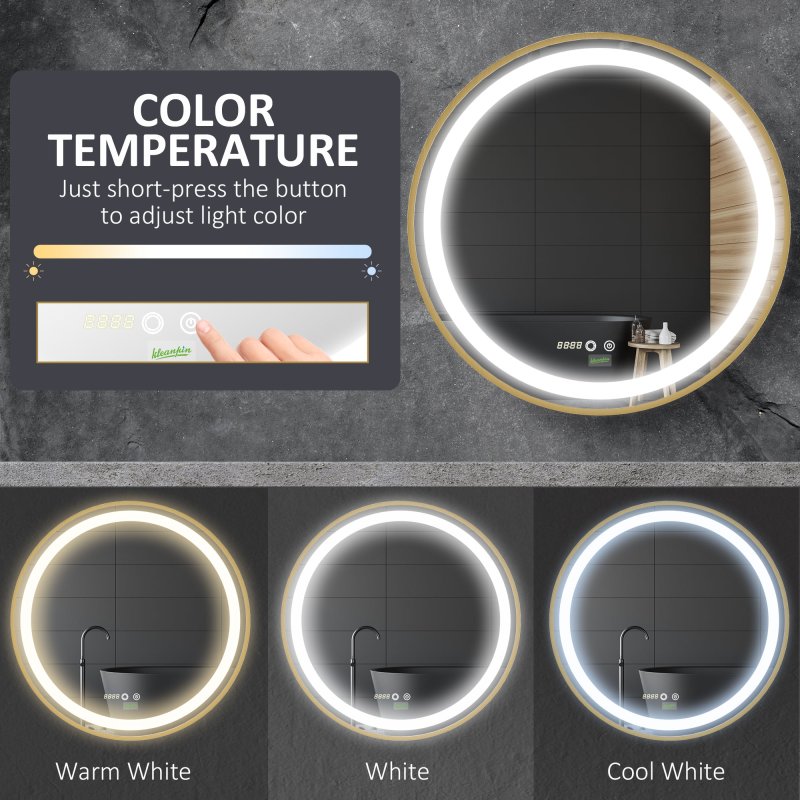kleankin Round Bathroom LED Mirror, Dimmable Lighted Wall-Mounted Mirror with 3 Temperature Colours, Time Display, Memory Function, Hardwired, Gold