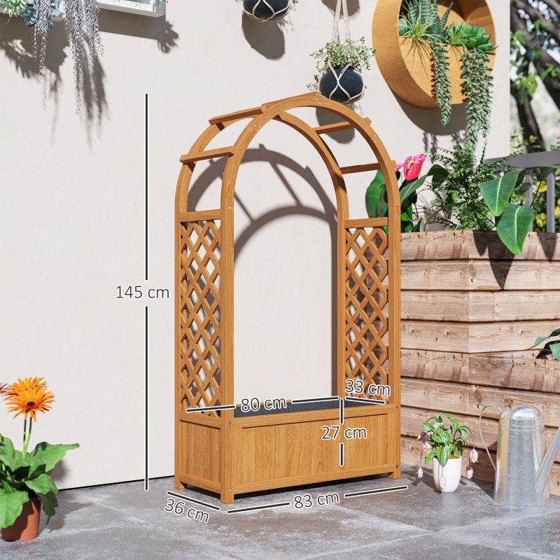 Outsunny Wooden Raised Garden Bed with Arch Trellis, Fabric Liner, Garden Planter Box with Drainage Holes, Trellis Planter for Vine Climbing Plants, Flowers, Herbs, Vegetables, 83 x 36 x 145 cm