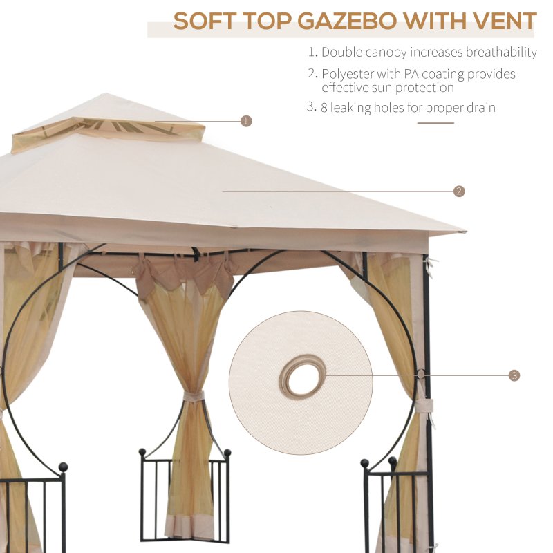 Outsunny 3 x 3m Garden Gazebo Patio Party Tent Shelter Outdoor Canopy Double Tier Sun Shade with Metal Frame and Netting, Beige