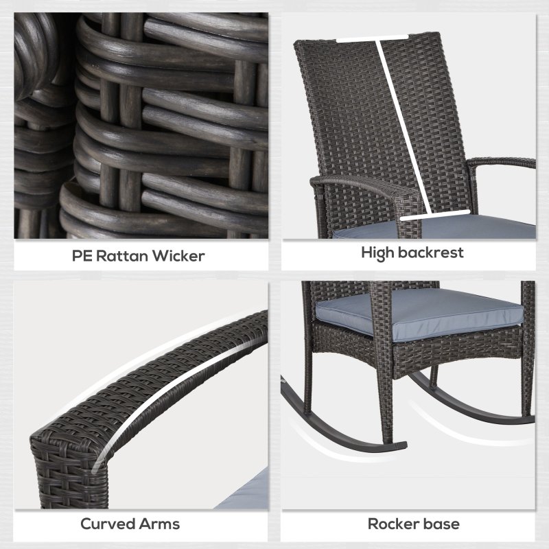 Outsunny PE Rattan Garden Rocking Chair, Outdoor Rocking with Cushion, 160 KG Capacity Wicker Garden Armchair Rocker with Metal Frame for Patio, Porch, Balcony, Grey