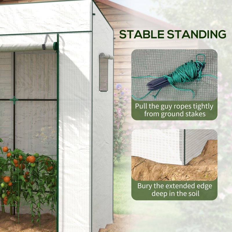 Outsunny Tomato Greenhouse with Reinforced PE Cover, Walk-in Garden Growhouse with Large Roll-up Door and 2 Mesh Windows, Portable Indoor Outdoor Green House, 196L x 77W x 178Hcm, White