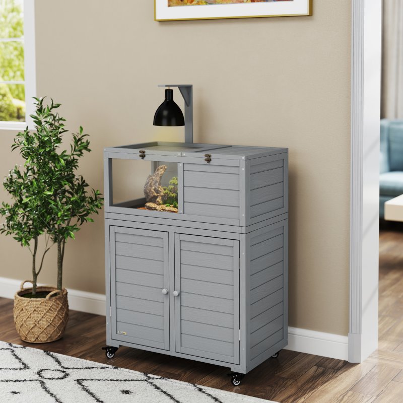 PawHut Tortoise House with Storage Cabinet, Wooden Tortoise Enclosure with Lamp Holder, Openable Top, Transparent Windows, Turtle Habitat for Indoor, Light Grey