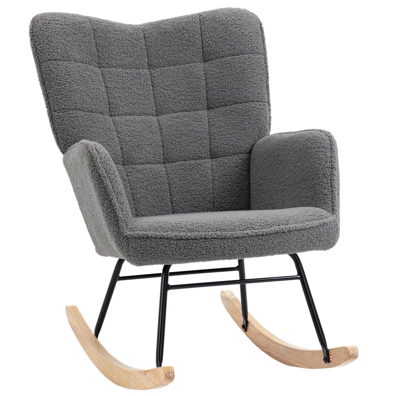 HOMCOM Wingback Rocking Chair with Wooden Base, Fleece Glider Rocker for Nursing, Modern Armchair - Dark Grey