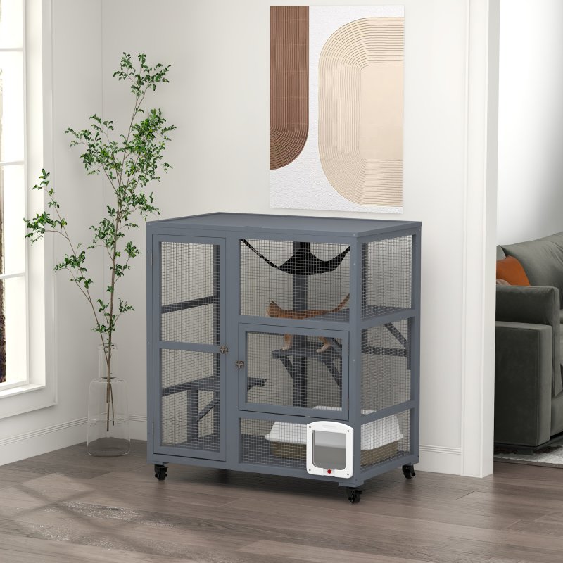 PawHut Cat Cage House, Catio Cat Indoor Enclosure on Wheels, Weather-Resistant Wooden Kitty Cage with Platforms, Hammock, Light Grey