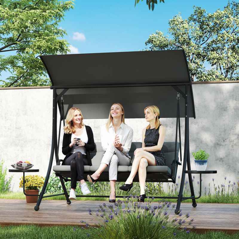 Outsunny 3 Seater Garden Swing Seat Swing Chair with Adjustable Canopy, Removable Cushion and Coffee Tables for Outdoor Patio Garden Dark Grey