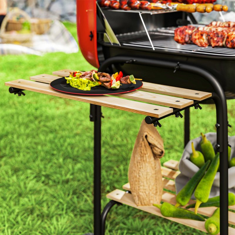 Outsunny Charcoal Barbecue Grill Portable BBQ Grill with 1840 cm? Cooking Area, 3 Shelves, Adjustable Vent, Lockable Lid, Wheels for Outdoor Cooking, Garden Party, Red