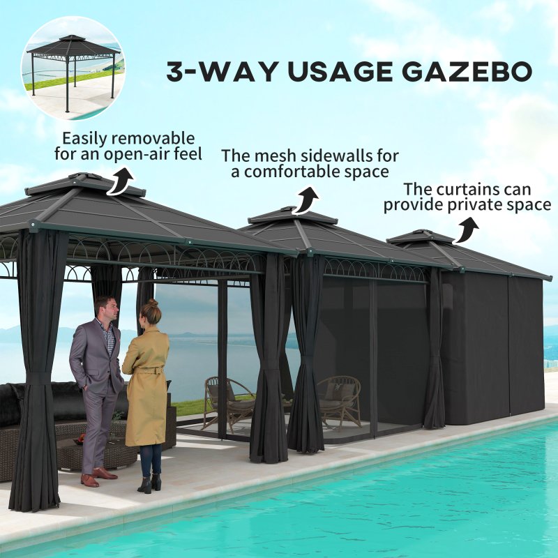 Outsunny 3 x 3 (m) Outdoor Polycarbonate Gazebo, Double?Roof Hard Top Gazebo with?Galvanised Steel Frame, Nettings?&?Curtains for Garden, Lawn, Patio and Deck, Dark Grey