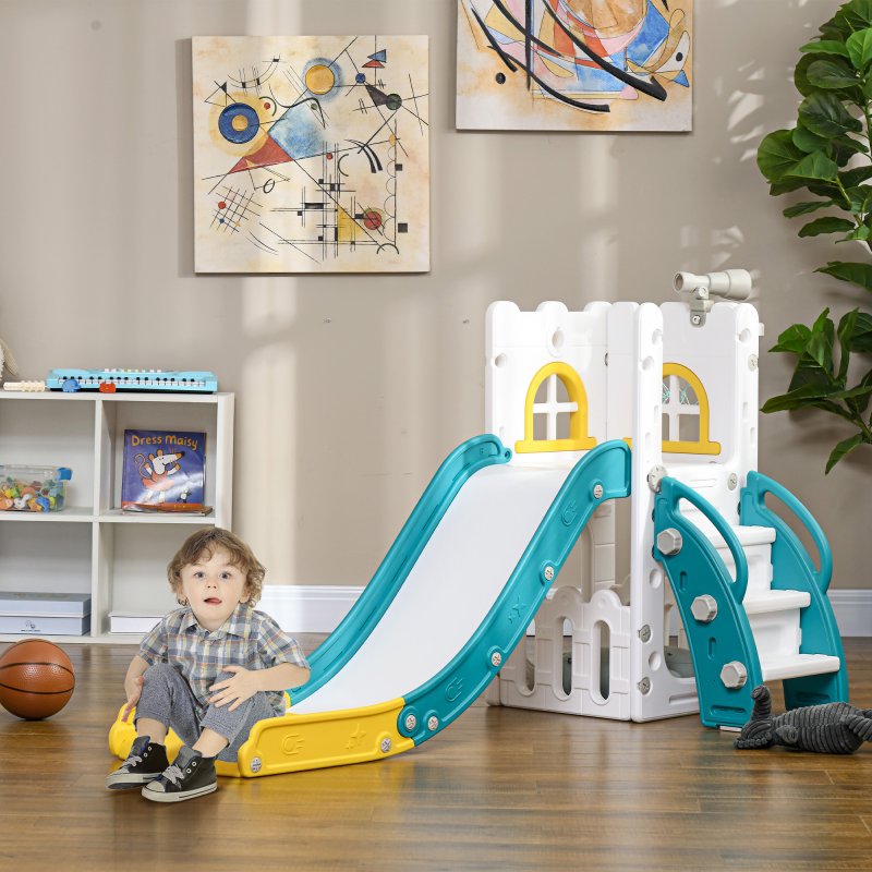 AIYAPLAY Kids Slide, 4 in 1 Toddler Slide with Basketball Hoop, Climber, Telescope, Storage Basket, Indoor Slide for 1-3 Years, Yellow