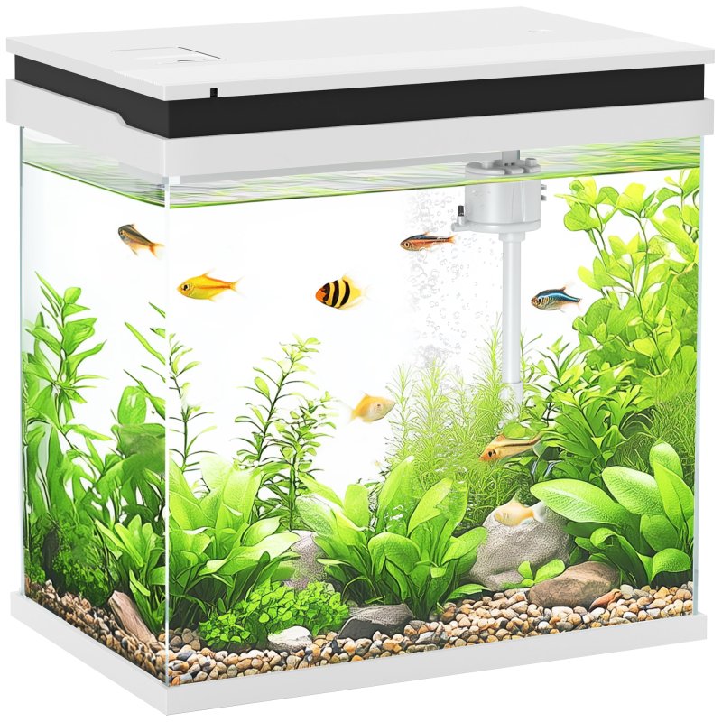 PawHut Fish Tank, 26L Glass Aquarium with Filter System, LED Lights, Water Pump, Betta Fish Tank for Goldfish, Shrimps, White