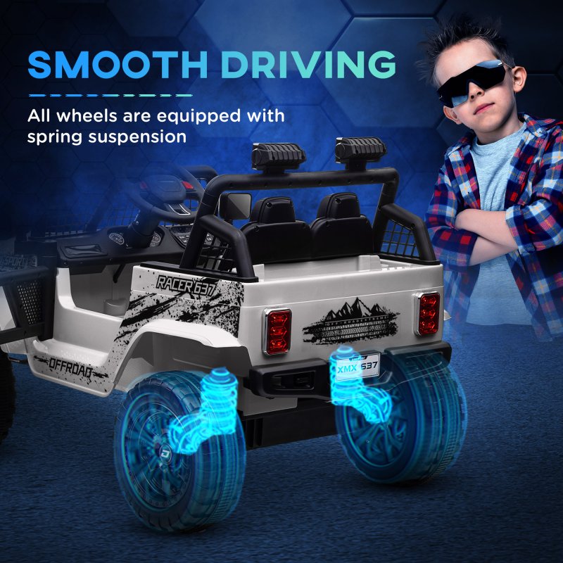 AIYAPLAY Kids Ride On Car, 12V Battery Powered Electric Truck with 4 Spring Suspension Wheels, Parental Remote Control, Music Horn LED Lights, White