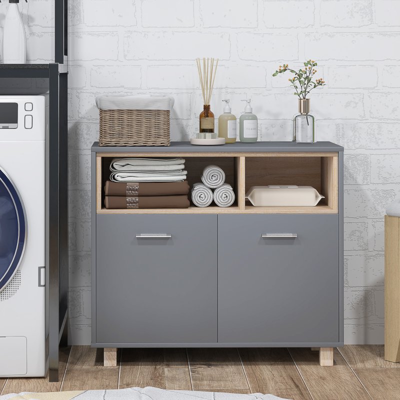 HOMCOM Bathroom Cabinet, Bathroom Storage Unit, Bathroom Storage Cabinet with Open Compartments and Double Doors