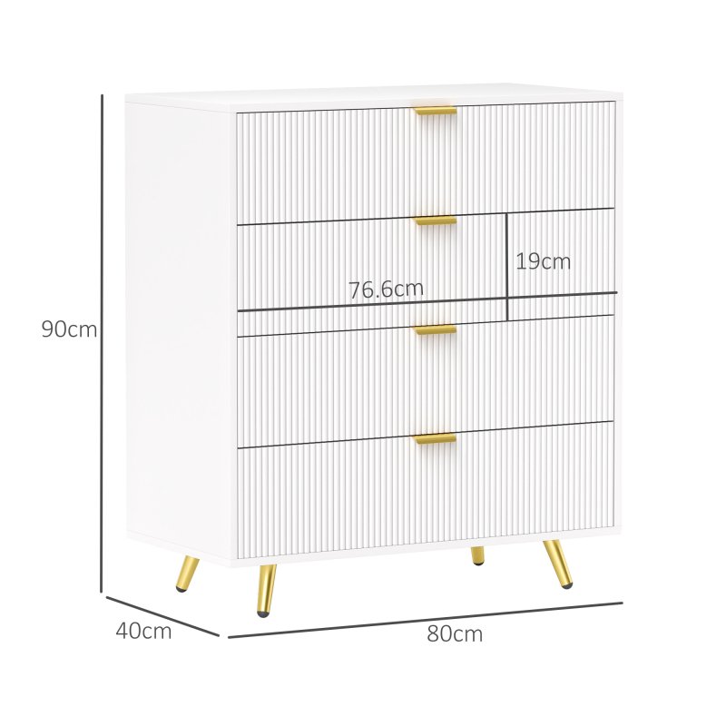 HOMCOM Bedroom Chest of Drawers with 4 Drawers, Fluted Dresser with Gold Tone Handles, Storage Cabinet for Bedroom, Living Room, Hallway, Entryway, White