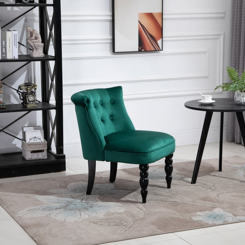 HOMCOM Velvet Accent Chair, Button Tufted Wingback Chair with Rubber Wood Legs for Living Room, Bedroom, Dark Green