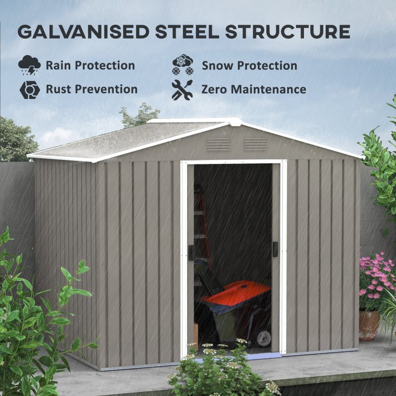 Outsunny 7.7 x 5.7ft Metal Garden Shed, Galvanised Outdoor Tool Storage House with Ventilation Slots and Sliding Doors, Light Grey