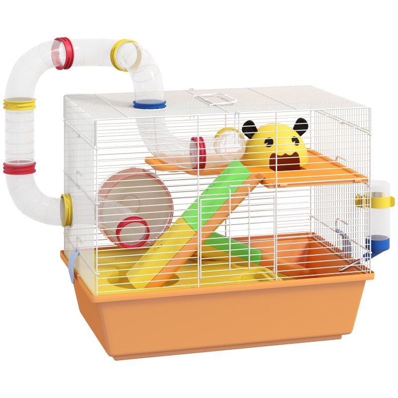 PawHut 3 Tiers Hamster Cage, Small Animal House with Tubes, Exercise Wheel, Ladder, Water Bottle, Dish, Hut, Top Handle, 45 x 28 x 37cm - Orange