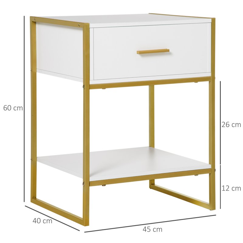 HOMCOM Bedside Table with Storage Drawer and Open Shelf, Modern Nightstand, Side Table with Metal Frame for Bedroom, Living Room, White