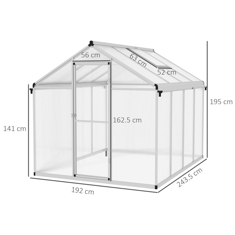 Outsunny 6 x 8ft Polycarbonate Greenhouse with Rain Gutters, Large Walk-In Green House with Door and Window, Garden Plants Grow House with Aluminium Frame and Foundation