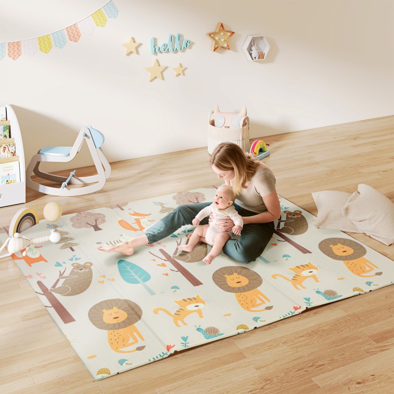AIYAPLAY Baby Play Mat Double Sided, Foldable & Reversible Activity Playmat, Waterproof Kids Foam Crawling Mat for Outdoor Indoor Playtime Picnics, 196 x 176 x 1.5cm, Animal Theme