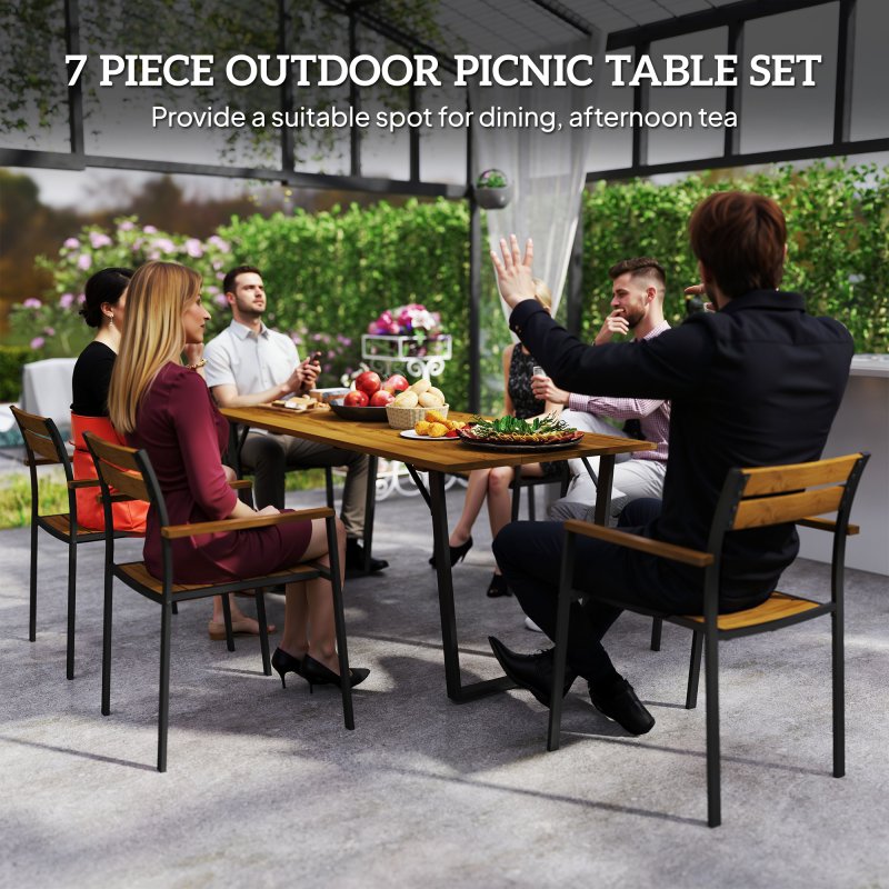 Outsunny 7 Piece Garden Dining Set, Fir Wood Garden Furniture Set with Rectangle Table and 6 Stackable Chairs, Umbrella Hole, Slatted Top and Steel Frame, for Patio Balcony Porch, Brown