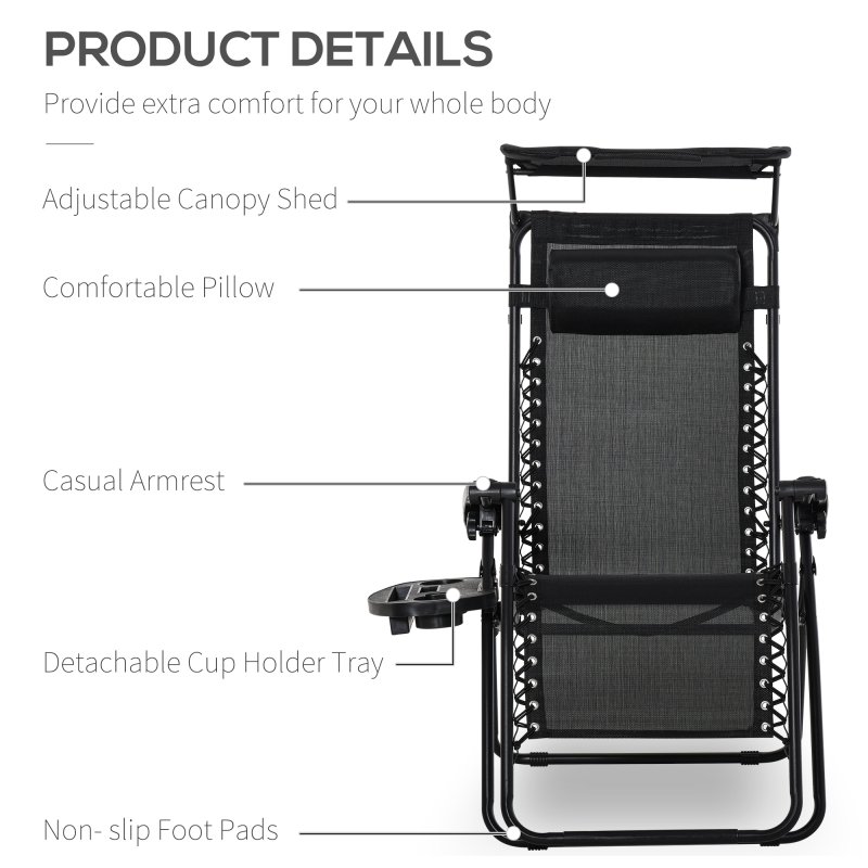 Outsunny Foldable Reclining Garden Chair with Headrest, Zero Gravity Deck Sun Lounger Seat Chair with Footrest, Armrest, Cup Holder & Canopy Shade, Black