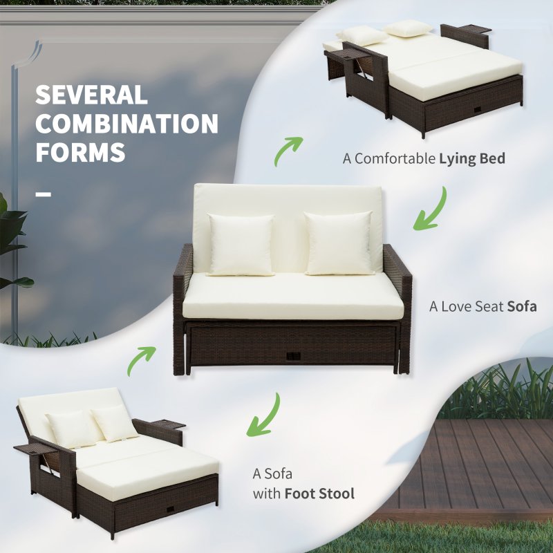 Outsunny Rattan Garden Daybed, Assembled Double Sun Lounger with 5-Level Adjustable Back, Storage Ottoman, Cushions, Pillows and Retractable Trays, Outdoor Loveseat Sofa Bed for Patio, Brown