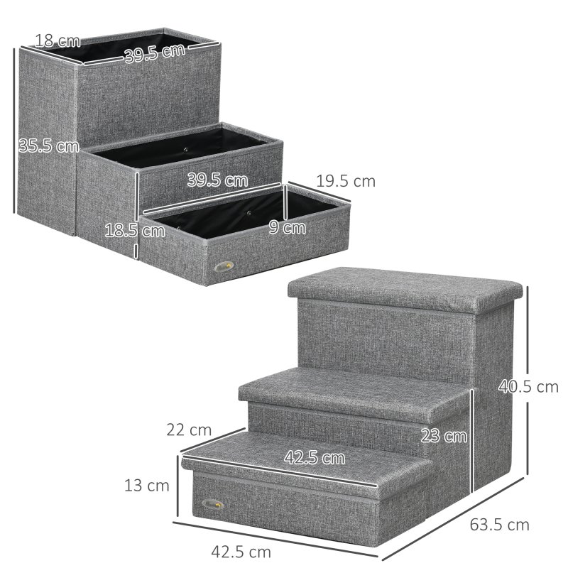 PawHut 3 Step Dog Steps with Storage Boxes, Cat Stairs for Bed, Pet Ladder for Couch, Sofa - Light Grey