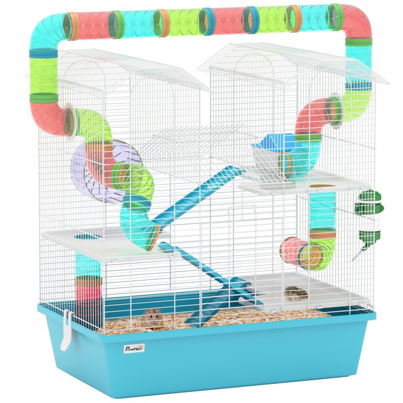 PawHut 4 Tier Hamster Cage with Tube, Exercise Wheel, Hut, Water Bottle, Food Dish, Ramps, DIY Design, Large Hamster Cage for Dwarf, Light Blue