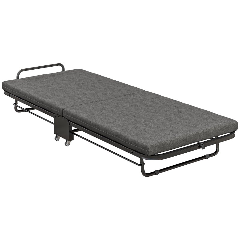 HOMCOM Folding Bed with Mattress, Foldable Guest Bed on Wheels, Portable Single Bed with 7cm Mattress, 188 x 76cm, Grey
