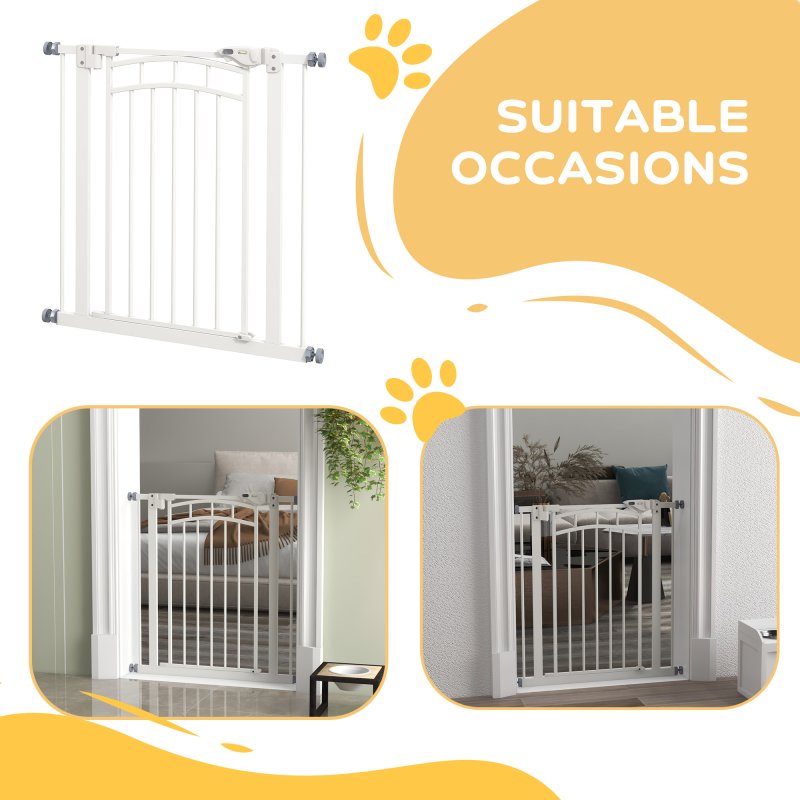 PawHut Dog Stair Gate, Pressure Fit Dog Safety Gate with Automatic Closing System, Double Locking, for Stairs, Doors, Hallways, House, 74-80cm Width, White