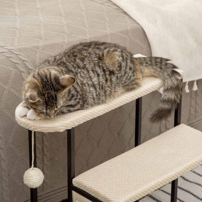 PawHut 3 Steps Dog Stairs, Pet Steps for Cat for Sofa and Bed with Sisal Scratching Board, Hanging Toy Ball, 47 x 45 x 47cm - Cream White