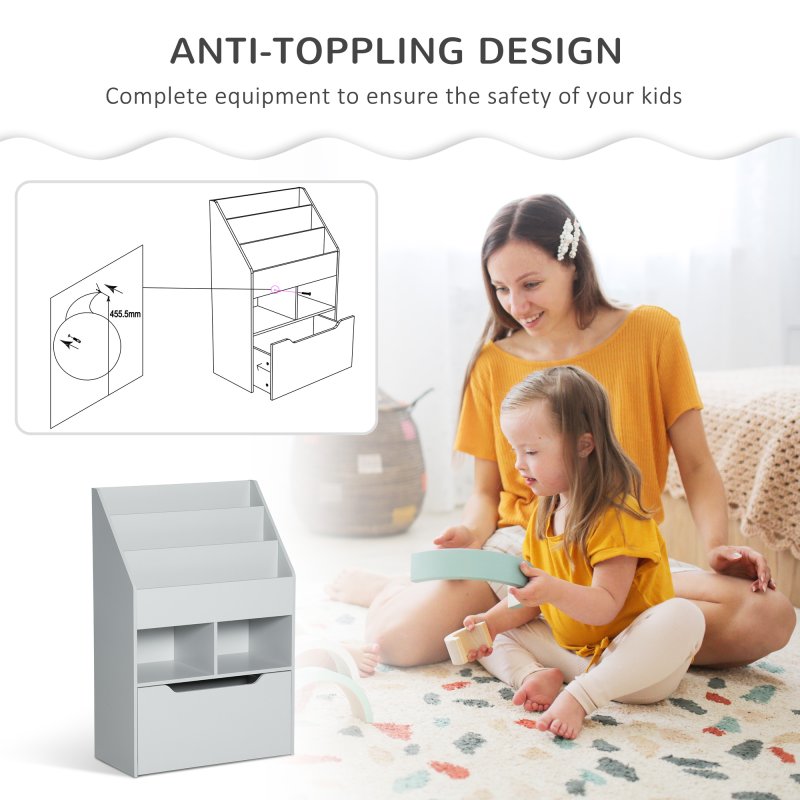 HOMCOM Kids Bookshelf with Storage Drawer, Children's Bookcase with Wheels, Toy Organiser for Bedroom, Playroom - Grey