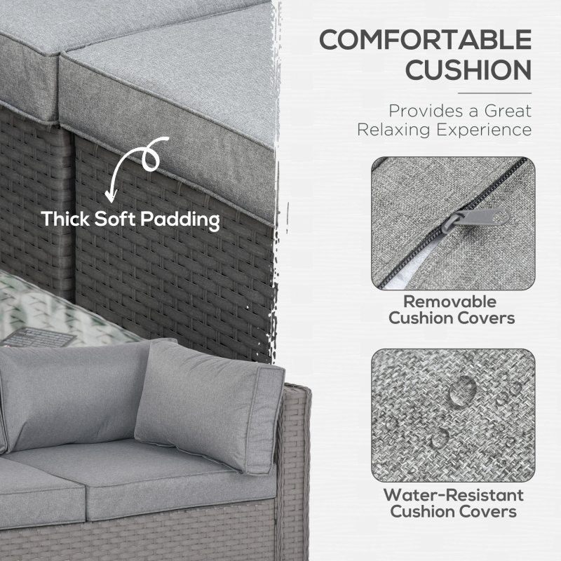 Outsunny 6 Pieces Rattan Garden Furniture Set, Wicker Garden Corner Sofa Set with 10cm Thickened Cushions, Aluminium Frame Conservatory Furniture with Glass Top Coffee Table, Footstools, Grey