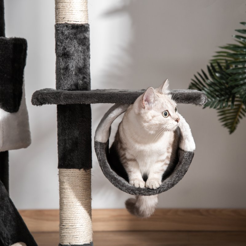 PawHut Floor to Ceiling Cat Tree, 240-260cm Adjustable Height Kitten Tower with Scratching Posts, Cat Houses, Ramps, Hammocks, Toy Balls, Tunnel for Indoor Use - White