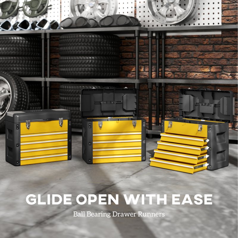 HOMCOM 4 Drawers Large Tool Box, Powder Coated Steel Toolbox with Top Tray, Mini Parts Boxes, Ball Bearing Runners, Handle, Heavy Duty Tool Chest for Workshop, Garage, 497mm x 253mm x 407mm, Yellow