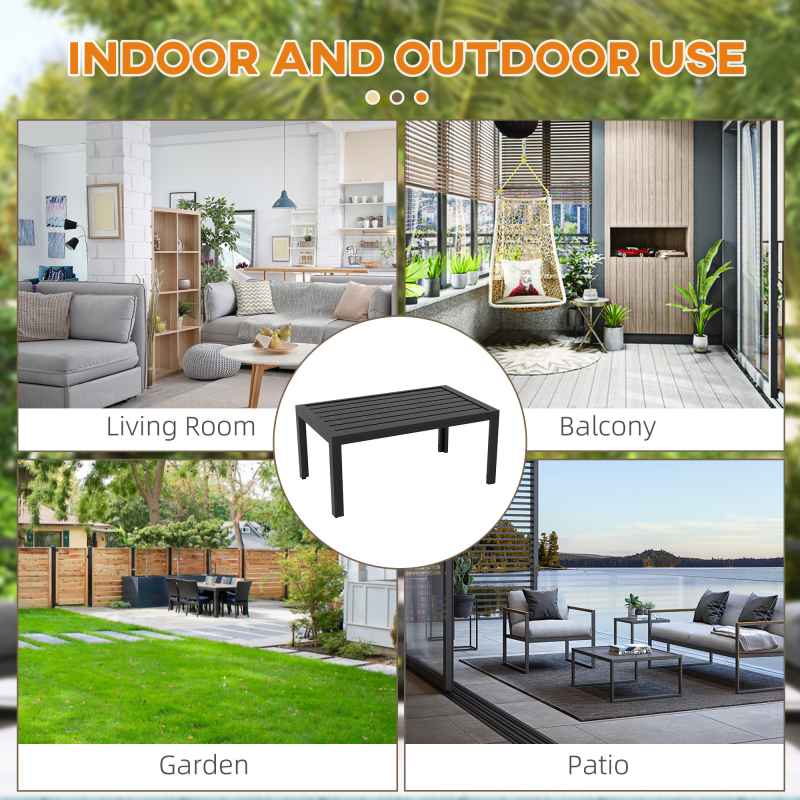 Outsunny Garden Coffee Table, Rectangular Patio Side Table with Steel Frame and Slat Tabletop for Outdoor, Balcony, 101.5 x 61cm, Black