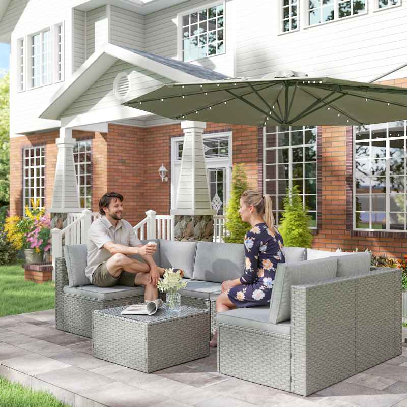 Outsunny 7 Pieces Rattan Garden Furniture Set, 6 Seater Garden Corner Sofa with Wide Seat, Cushions and Glass Top Table, Sectional Outdoor Furniture Conservatory Set for Patio, Grey