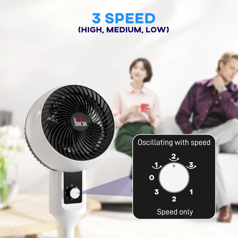 HOMCOM 9'' Air Circulator Fan 3 Speed, 70° Oscillation 90° Vertical Tilt, Carry Handle, Standing Fan, Pedestal Fan for Living Room, Bedroom, Office, White and Black
