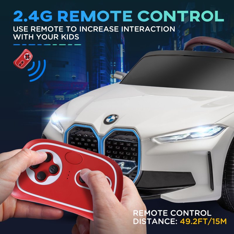 HOMCOM BMW i4 Licensed 12V Electric Car for Kids, Kids Electric Ride-on with Remote Control, Suspension Wheels, Music, Horn, Lights, MP3 Slot, Portable Battery, for Ages 3-6 Years - White