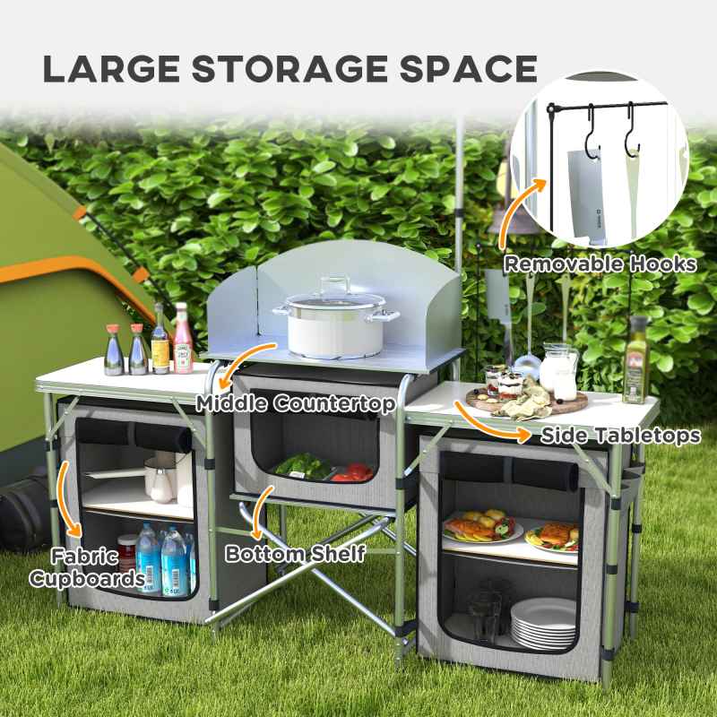 Outsunny Folding Camping Kitchen, Portable Aluminium Camping Table with 3 Fabric Cupboards, Windshield, Light Stand, Carrying Bag for BBQ, RV, Picnic, Grey